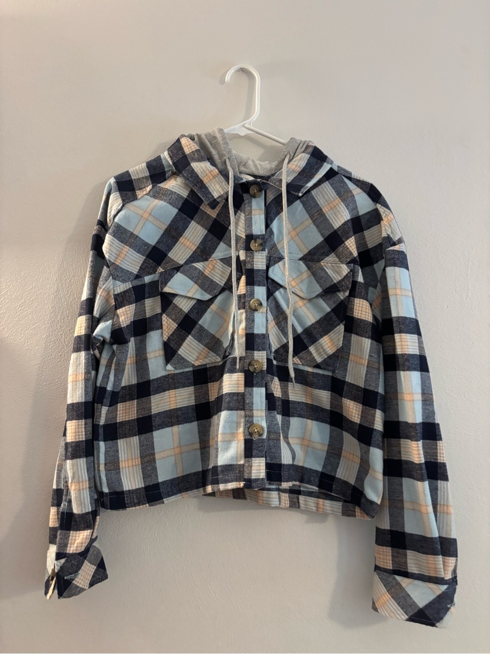 Plaid Hooded Button-Front Shirt Jacket - Light Blue/Navy